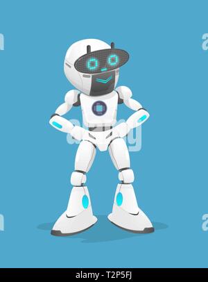 Illustrazione vettoriale di un simpatico robot bianco è sorridente. Il robot è in piedi isolato su sfondo blu. Il robot è dotato di due schermi. Illustrazione Vettoriale