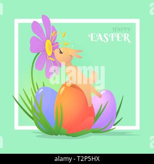 Biglietto di auguri con un telaio per vacanze di Pasqua con un simpatico coniglio che sta raggiungendo per il grande fiore. Ci sono anche tre uova multicolori. Illustrazione Vettoriale