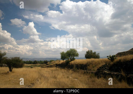 Paesaggio rurale con vegetazione desertico vicino la Piramide del Sole (San Juan de Teotihuacán de Arista, Stato del Messico, Messico) Foto Stock