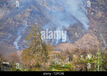 Le fiamme e il fumo di sigaretta visto che salgono dal Zabarwan foreste in Srinagar. Un grave incendio inghiottito la gamma Zabarwan a Brein area Nishat, qui a Srinagar, rapporti detto il fuoco cominciato presso il ranch superiore su Brein e propagarsi alle foreste adiacenti. Foto Stock