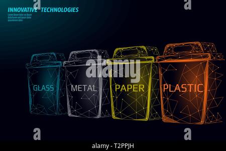 Bassa poli di separazione dei rifiuti 3D concetto. Il riciclo di rifiuti di plastica carta di alluminio contenitore in vetro bin. Ecologico poligonale salvare il pianeta campagna. Urban tr Illustrazione Vettoriale