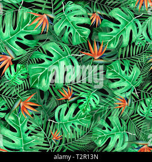 Tropical seamless pattern, dipinte a mano illustrazione ad acquerello con foglie monstera e strelitzie Foto Stock