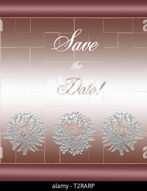 Il modello di un elegante invito a nozze con iscrizione salva la data sul gradiente dello sfondo rosa con crisantemi. Effetto in rilievo applicato a f Foto Stock