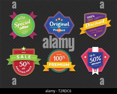 Vendita etichetta. Insieme di diversi sconti, offerte speciali e vendita tag etichetta isolati su sfondo nero. Illustrazione Vettoriale