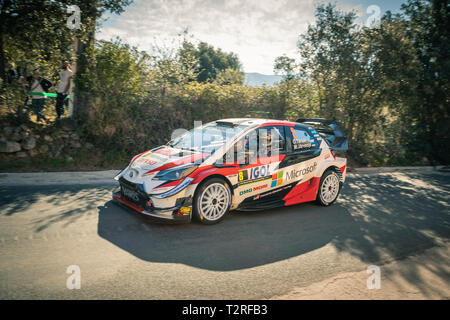 Regino, Corsica - 31 Marzo 2019. O. Tanak e M. Jarveoja competere in fase speciale SS13 tra Regino e Montemaggiore in Corsica nel 2019 WRC Foto Stock