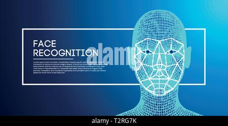 Robot occhi blu android con dettagliate iride e pupilla. il riconoscimento facciale con il sensore e la faccia di identità. Illustrazione Vettoriale