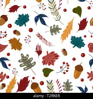 Autunno patern senza soluzione di continuità con la caduta delle foglie, ghiande illustrazione vettoriale stampa del fogliame Illustrazione Vettoriale