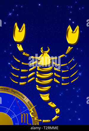 Segno zodiacale con stella immagine come golden sollievo nella parte anteriore di un cielo blu scuro Foto Stock