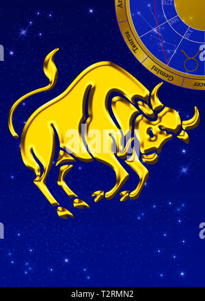 Segno zodiacale con stella immagine come golden sollievo nella parte anteriore di un cielo blu scuro Foto Stock