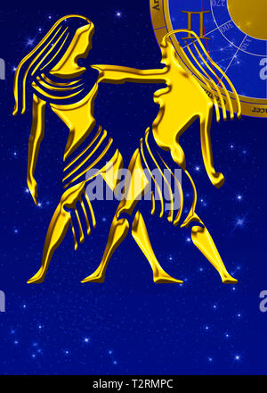 Segno zodiacale con stella immagine come golden sollievo nella parte anteriore di un cielo blu scuro Foto Stock