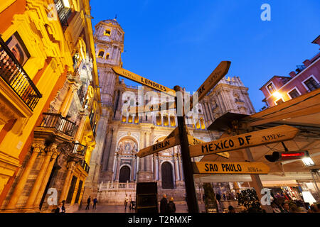 Malaga Spagna di notte - Cattedrale di Malaga visto da Plaza Obispo, Malaga Andalusia Spagna Foto Stock