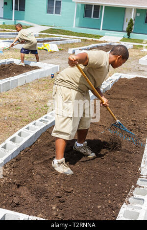 Miami Florida,Liberty City,Piazza,alloggi pubblici,cerimonia,dedicazione,giardino della comunità,complotto,assegnazione,urbano,giardinaggio,movimento verde,ragazzi neri mal Foto Stock