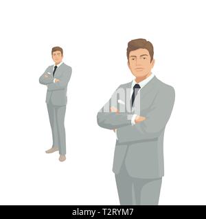 Imprenditore elegante in grigio costume. Il Boss, imprenditore, manager. Persone di carattere. Ritratto di lunghezza completa. Vista frontale l'uomo. Persona in piedi. Isolato. Illustrazione Vettoriale