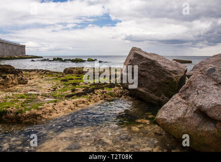 Una vista panoramica di Hartlepool Headland che mostra il mare,blu e il cielo nuvoloso e la spiaggia rocciosa sulla costa nord est dell' Inghilterra Foto Stock