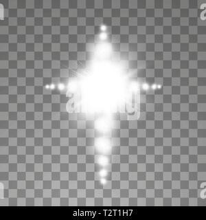 Luce bianca croce cristiana con sun flare. illustrazione vettoriale isolato su sfondo trasparente. Fulgido simbolo di Pasqua di Risurrezione nel cielo Illustrazione Vettoriale