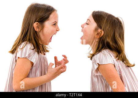 Gemello ragazze sorelle stanno sostenendo a urlare contro l'altra. Arrabbiato ragazze sono grida e urla e sostenendo con espressione emotiva su facce. Fron Foto Stock
