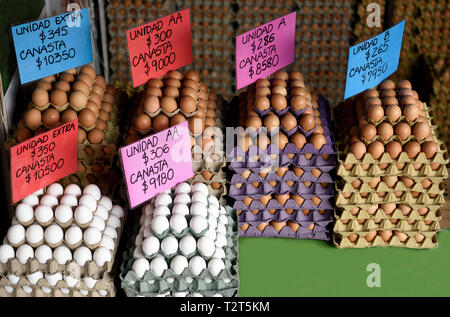 Uova colombiane, pile di varie qualità di uova fresche crude di pollo marrone e bianco in un mercato agricolo in Colombia, America del Sud Foto Stock