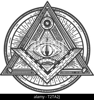 Quare e bussola masonic occultismo bianco nero occhio della Provvidenza illustrazione degli illuminati Foto Stock