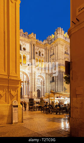 Cattedrale di Malaga visto attraverso la Plaza del Obispo al crepuscolo, Malaga Andalusia Spagna Foto Stock