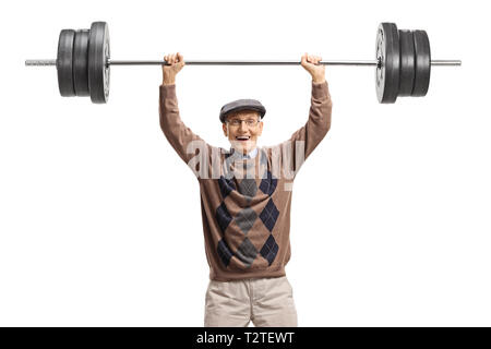 Allegro uomo senior il sollevamento di un barbell isolati su sfondo bianco Foto Stock