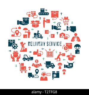 Modello circolare consegna set di logistica in stile appartamento. Carrello Bagagli, itinerario, contanti, 24 ore, il trasporto marittimo, container, consegna auto, magazzino. Illustrazione Vettoriale