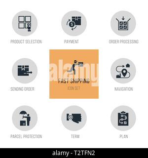 Impostare la consegna veloce icone di logistica in stile appartamento. Icone vettoriali per il web, una infografica o stampa. Carrello bagagli il vettore, percorso, contanti, 24 ore, mare shippin Illustrazione Vettoriale