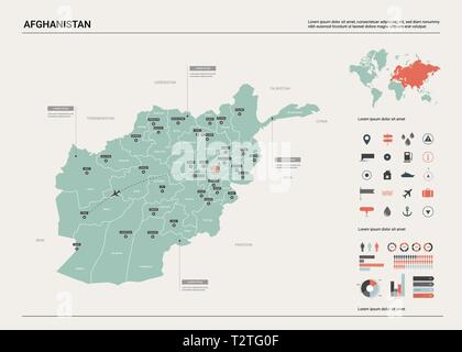 Mappa vettoriale dell' Afghanistan . Alta dettagliata mappa del paese con la divisione, la città e la capitale Kabul. Mappa politico, mappa del mondo, elementi infografico. Illustrazione Vettoriale