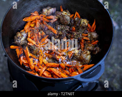 Marzo 31, 2019 - Kiev, Ucraina - Carote visto essendo aggiunto a stufato di agnello..Pilaf è realizzato a partire da carne di agnello o di manzo, riso, le carote e le cipolle con spezie, è popolare non solo tra i popoli turche. Di solito questo piatto è preparato in una speciale in ghisa chiamato pot calderone e sono in diversi formati che vanno da 8 litri a 1000 litri. Abbiamo utilizzato il più piccolo calderone. (Credito Immagine: © Igor Goiovniov/SOPA immagini via ZUMA filo) Foto Stock