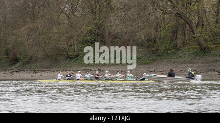 Londra, Regno Unito. 04 aprile 2019. Oxford e Cambridge Università equipaggi blu si impegnano a praticare gite in preparazione per questa Domenica la gara in barca. Nella foto: Cambridge University Boat Club (CUBC) blu dell'equipaggio. Credito: Duncan Grove FRP/Alamy Live News. Foto Stock