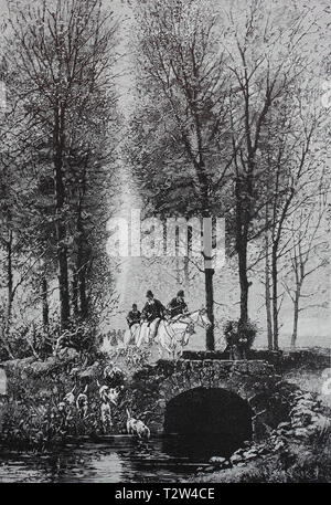 Mattina autunnale, Piquere andando su corse di muffa per la società di caccia alla testa, hounds drink nel torrente Herbstmorgen, Piquere auf Schimmeln reitet der Jagdgesellschaft voran, Jagdhunde trinken im Bach Foto Stock