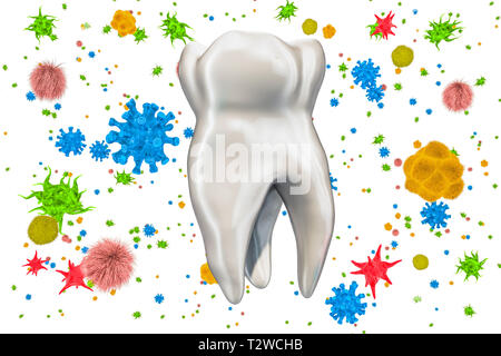 Dente con virus e batteri. La carie, mal di denti concetto. 3D rendering isolati su sfondo bianco Foto Stock