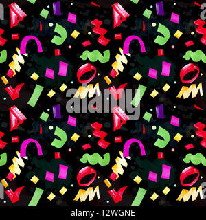 Festosa pattern senza soluzione di continuità con i coriandoli multicolore. Abstract sfondo nero con coloratissime forme geometriche e acquerello blot. Eleganti decorazioni f Foto Stock