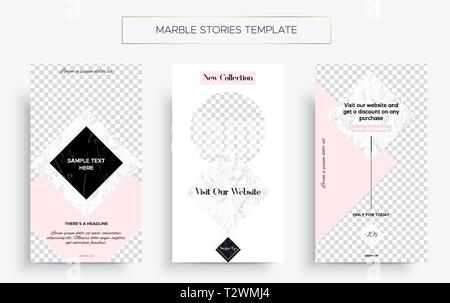 Serie di storie di marmo modello. Kit di tre diffusi banner. Nuova collezione, vendita e nuovi post. Design di lusso con rosa, di marmo bianco e nero. Supe Illustrazione Vettoriale