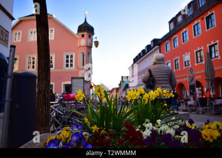 Vaso di fiori in zona pedonale nella città bavarese di Murnau Foto Stock