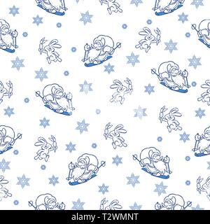 Vector seamless pattern con motivo di Natale, Babbo Natale sugli sci e doni e una lepre con una carota. Illustrazione Vettoriale