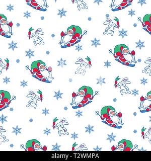 Vector seamless pattern con motivo di Natale, Babbo Natale sugli sci e doni e una lepre con una carota. Illustrazione Vettoriale