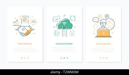 Business e Tecnologia - set di design dalla linea verticale di stile banner web con copia spazio per il testo. Immagini di una stretta di mano, freelancer lavorando al computer portatile. Illustrazione Vettoriale