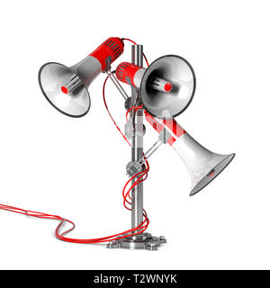 3D illustrazione di tre altoparlanti montati su un palo su sfondo bianco. Foto Stock