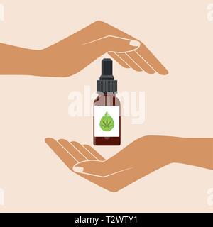 Mani tenendo l'olio di canapa in una bottiglia. La Cannabis Medica olio. Olio del CBD di estratto di cannabis. Naturale olio di canapa. Icona di etichetta del prodotto e la grafica del logo del modello. È Illustrazione Vettoriale