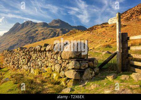 Langdale Pikes è una delle tante belle destinazioni nel Lake District inglese e particolarmente popolare con cadde escursionisti e scalatori. Foto Stock