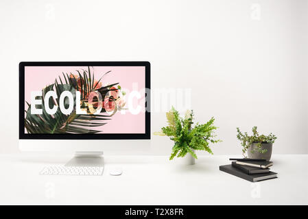 Calcolatore verde con foglie di monstera e rose con la natura scritte sui monitor su sfondo bianco Foto Stock