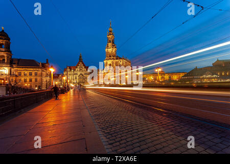 Cattedrale di Dresda di notte, Germania Foto Stock