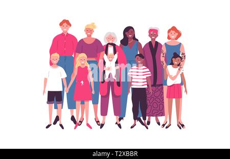 Diverse donne gruppo di mamme e bambini speciale per le vacanze in famiglia, la maternità concetto o la festa della mamma. Illustrazione Vettoriale