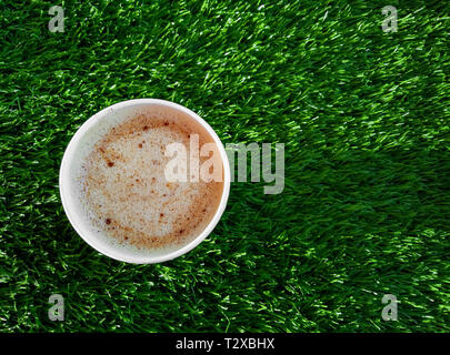 Bicchiere di carta di caffè e latte di avena e cannella sul verde erba sintetica prato sfondo nella luce solare Foto Stock