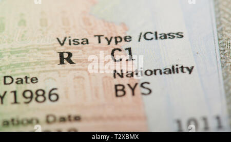 Usa il tipo di visto da vicino la vista nel timbro apposto sul passaporto Foto Stock