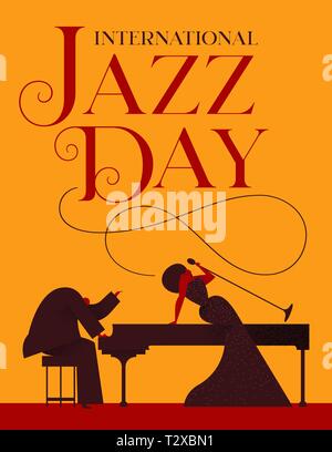 International Jazz day poster illustrazione della donna elegante cantante e pianista per speciale concerto o evento. Illustrazione Vettoriale