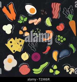 Set di icone di cibo in stile appartamento. Frutta e verdura, carne, pesce, pane, formaggi, dolci. Raccolta di ingredienti. Illustrazione Vettoriale Illustrazione Vettoriale