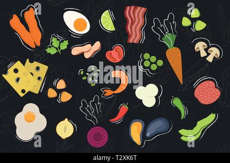 Set di icone di cibo in stile appartamento. Frutta e verdura, carne, pesce, pane, formaggi, dolci. Raccolta di ingredienti. Illustrazione Vettoriale Illustrazione Vettoriale