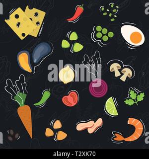 Set di icone di cibo in stile appartamento. Frutta e verdura, carne, pesce, pane, formaggi, dolci. Raccolta di ingredienti. Illustrazione Vettoriale Illustrazione Vettoriale