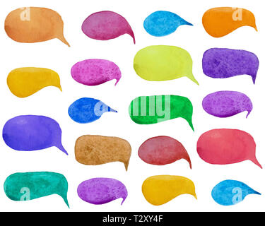 Serie di acquerelli di coloratissimi fumetti o nubi di conversazione. Isolato su sfondo bianco. Foto Stock
